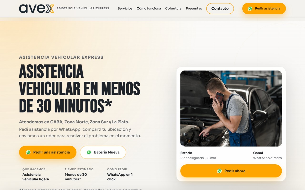 Web de Avex con el pedido de asistencia por WhatsApp