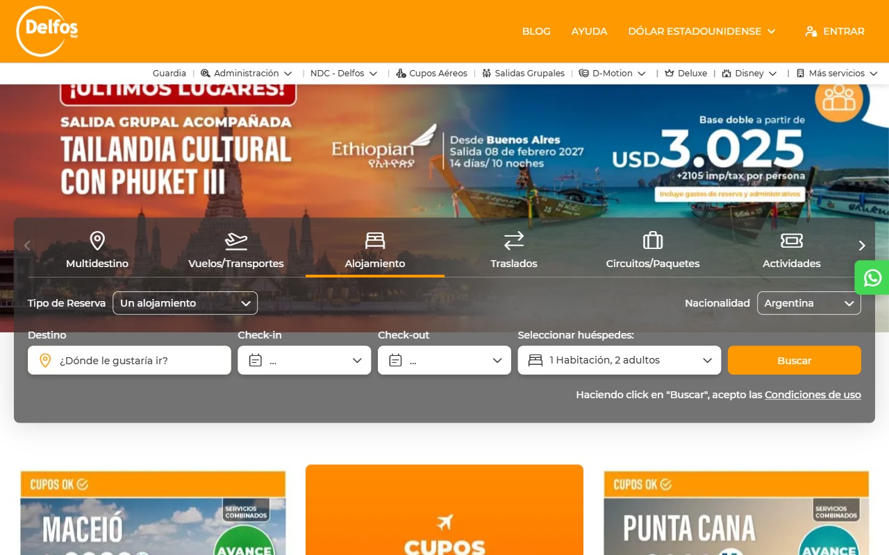 Página pública de Delfos con su buscador de viajes