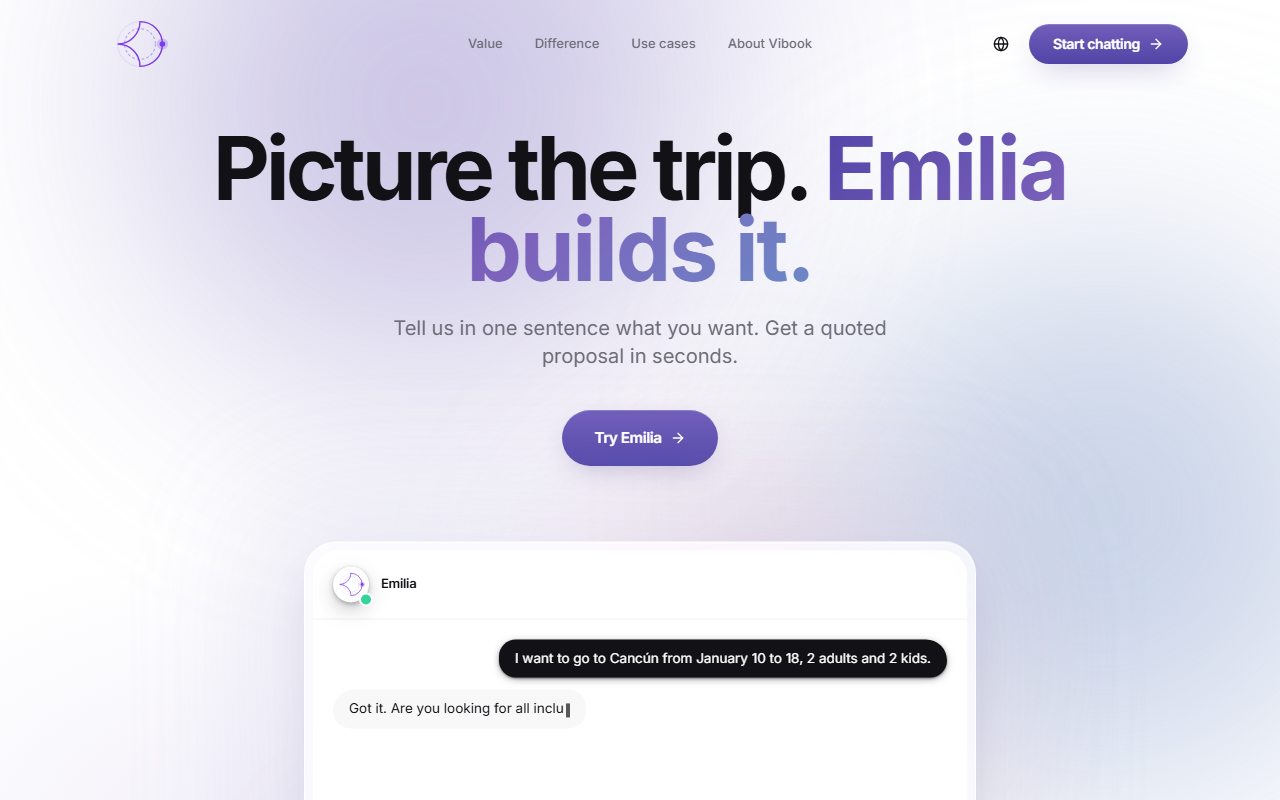 Página pública de Emilia, asistente de viajes