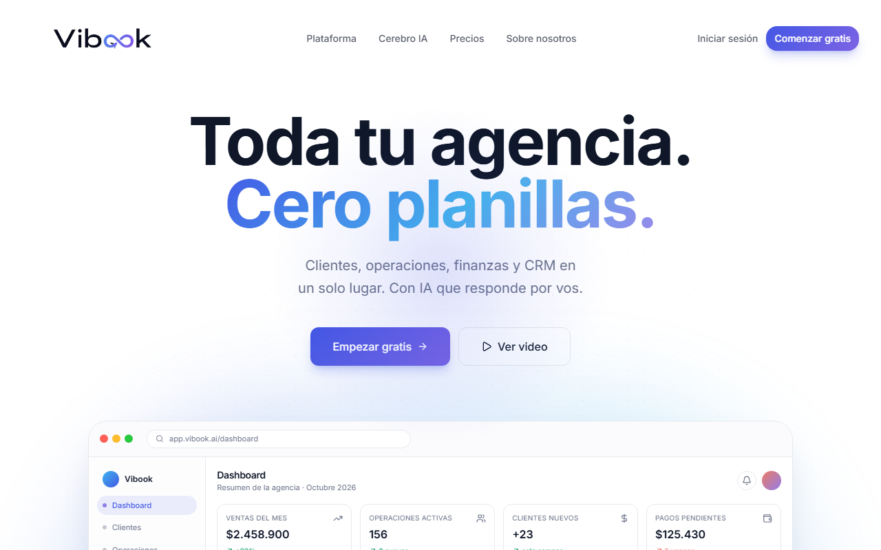 Página pública de Vibook y presentación de su CRM